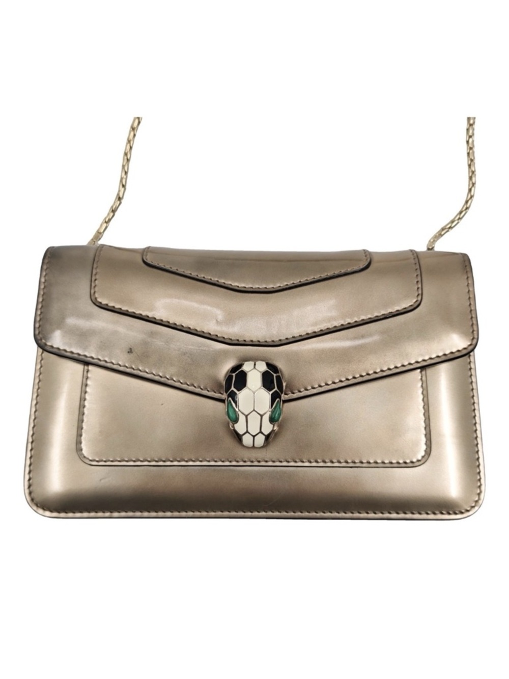 Bvlgari Serpenti Patent Leather Crossbody Bag Snake Head Chain Gold